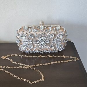 Glamorous Silver and Gold Embellished Clutch With Pearl Beading NWOT